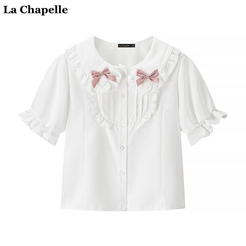 拉夏贝尔/La Chapelle蝴蝶结娃娃领短袖衬衫女夏季新款泡泡袖上衣