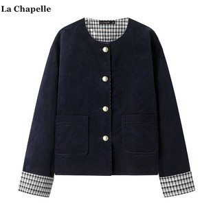 拉夏贝尔/La Chapelle复古格子拼接灯芯绒外套女秋季气质宽松上衣