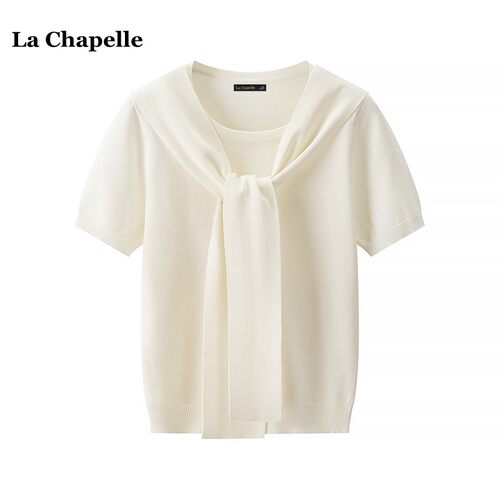 拉夏贝尔/La Chapelle设计感带披肩短袖针织衫女春夏休闲百搭上衣