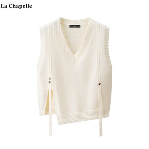 拉夏贝尔/La Chapelle设计感开叉针织马甲女秋冬新款无袖毛衣坎肩