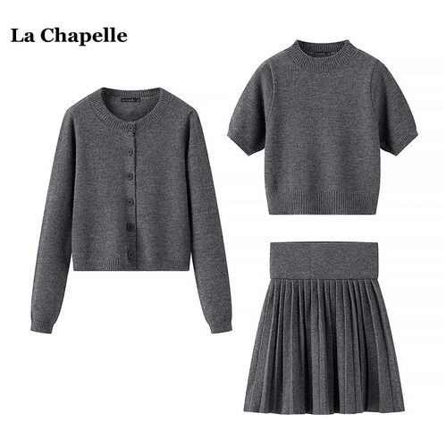 拉夏贝尔/La Chapelle春季时尚套装女韩系针织开衫百褶短裙三件套