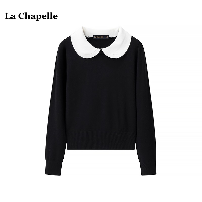 拉夏贝尔/La Chapelle撞色娃娃领长袖针织衫女秋冬修身打底衫上衣