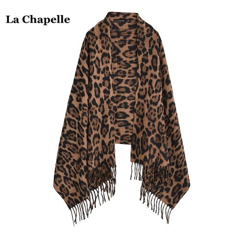 拉夏贝尔/La Chapelle复古豹纹流苏仿羊绒围巾女秋冬百搭保暖披肩