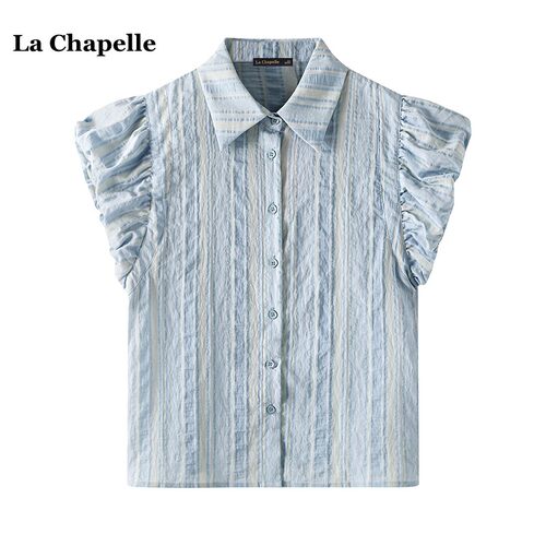 拉夏贝尔/La Chapelle夏季新款泡泡袖蓝色条纹衬衫女短袖衬衣上衣