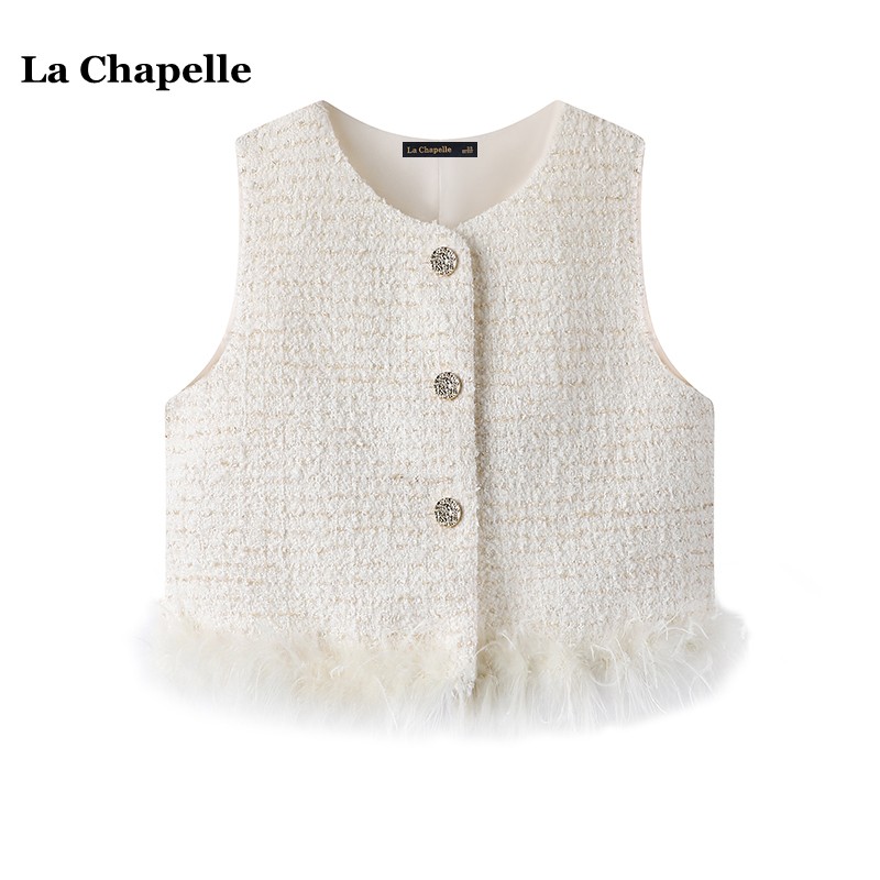 拉夏贝尔/La Chapelle秋季气质小香风羽毛拼接马甲女无袖上衣坎肩