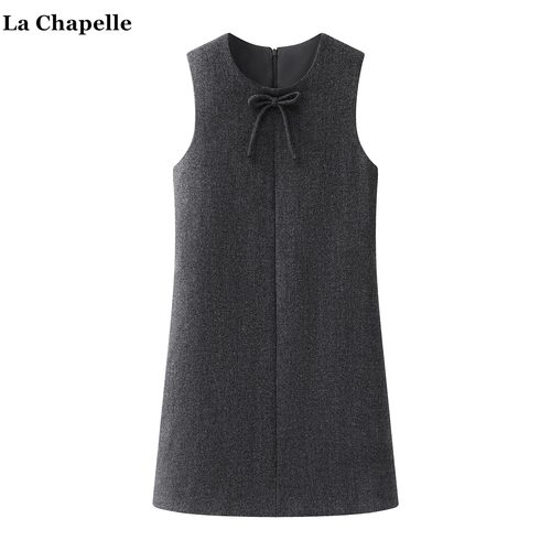 拉夏贝尔/La Chapelle韩版蝴蝶结毛呢背心裙女秋冬款甜美气质短裙