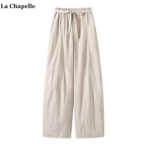 拉夏贝尔/La Chapelle春夏薄款宽松显瘦阔腿裤女设计感抽绳弯刀裤