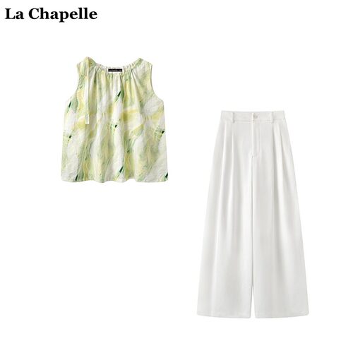 拉夏贝尔/La Chapelle挂脖晕染印花无袖衬衫女高腰阔腿裤夏季套装
