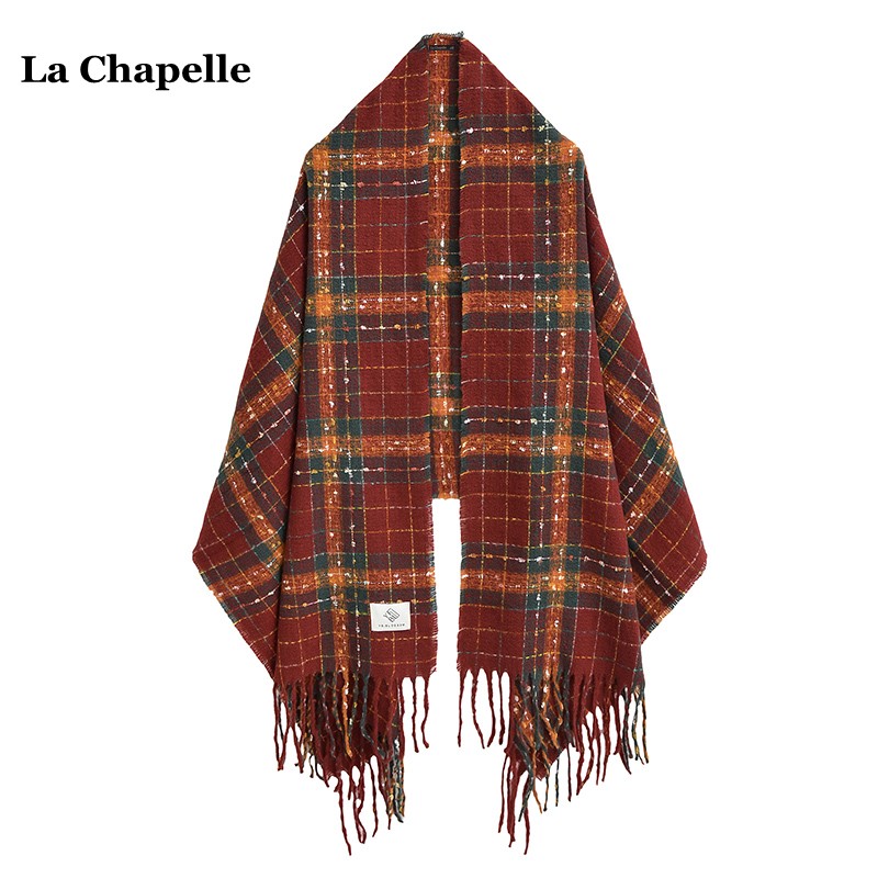 拉夏贝尔/La Chapelle秋冬季圣诞新年红格子仿羊绒流苏围巾披肩女
