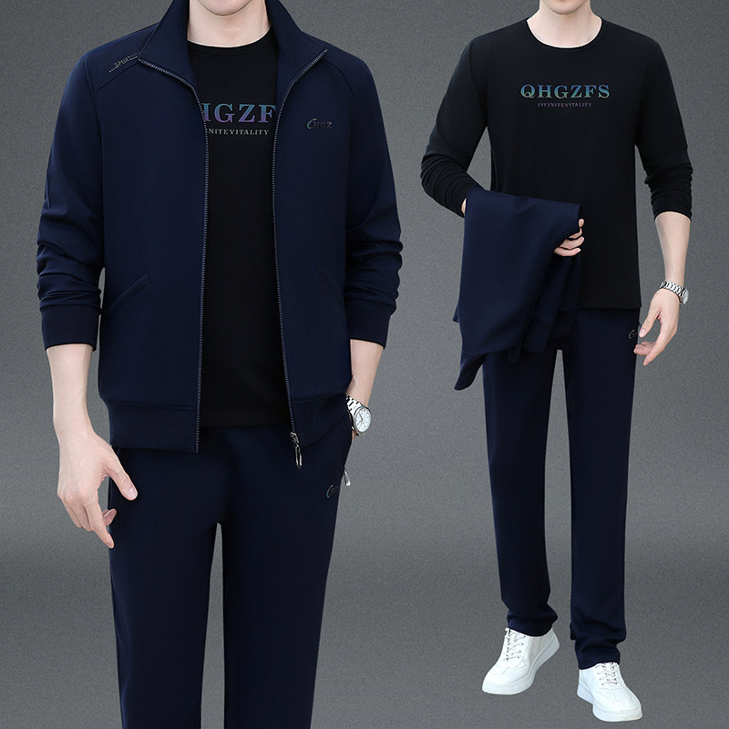 正品春秋款中老年50-60-70岁男士父亲棉三件套跑步运动服休闲套装
