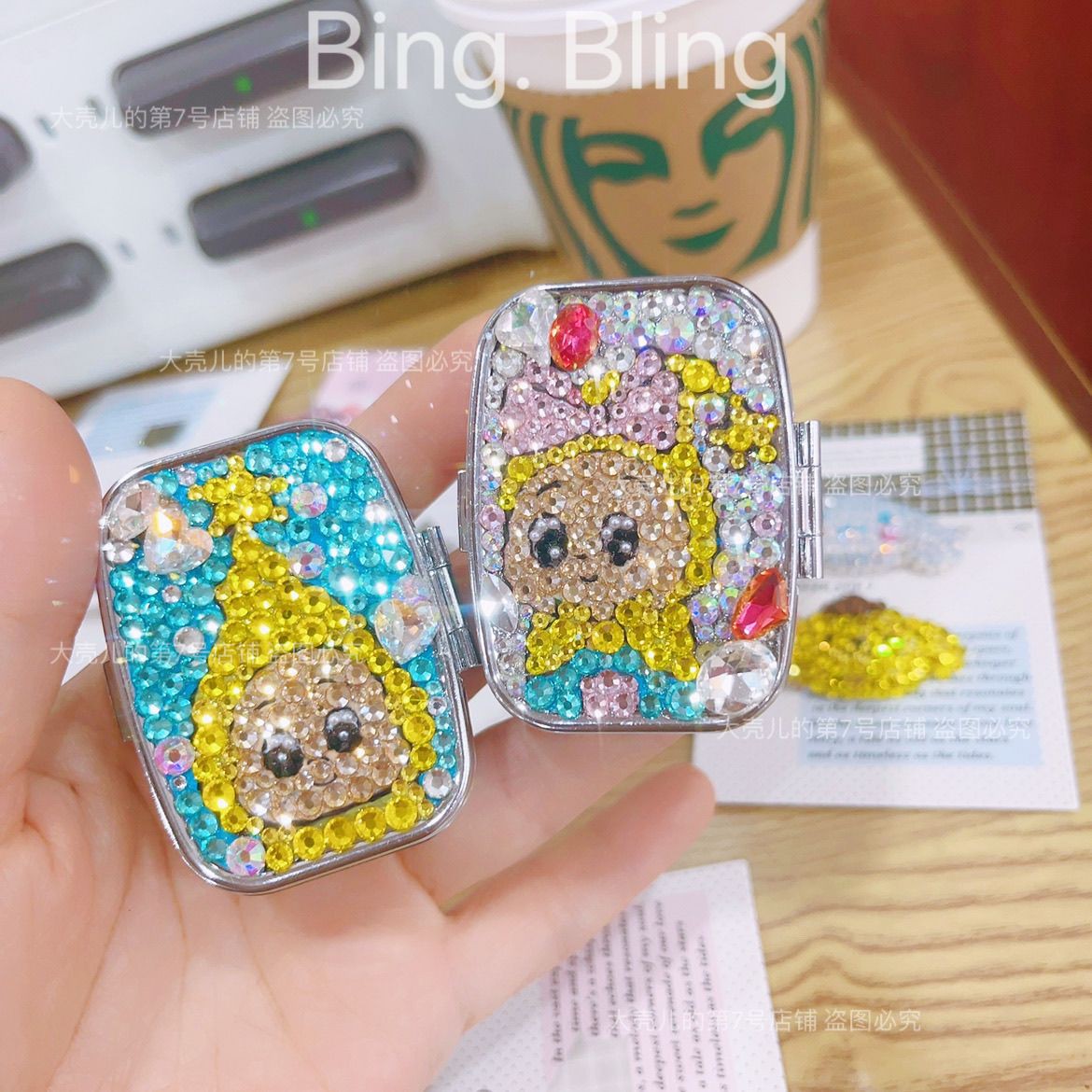 大壳儿定制镶钻饰品药盒随身携带便捷星星人化妆镜子多功能收纳盒