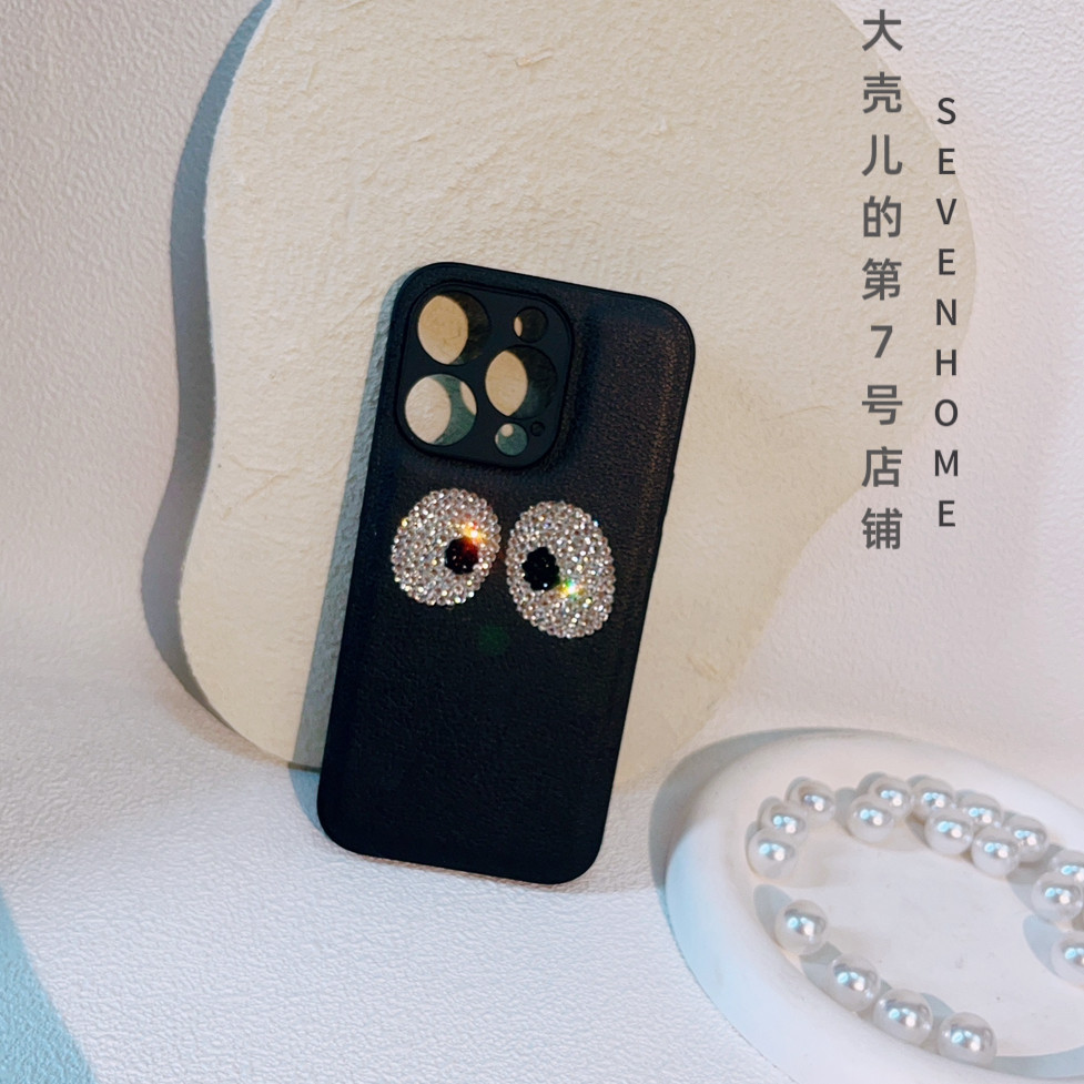 原创小众简约水钻呆萌大眼睛适用iphone14promax手机壳全包防摔高级感皮质新款苹果13保护套小红书网红同款12