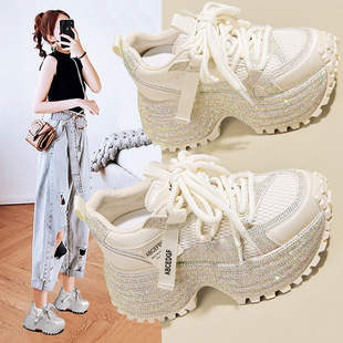 2026春季新款矮个子黑色水钻潮鞋女内增高10CM厚底运动老爹鞋爆款