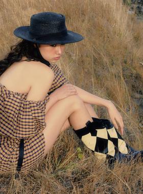 CHINCHIN官方原创设计师｜孙怡安崎乃万同款菱格拼花中筒牛仔靴