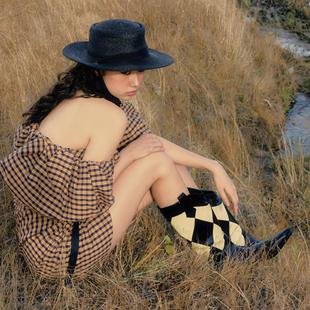 CHINCHIN官方原创设计师｜孙怡安崎乃万同款 菱格拼花中筒牛仔靴