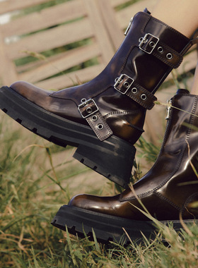 CHINCHIN官方原创设计师鞋履｜张艺凡同款金属搭扣拉链厚底短靴