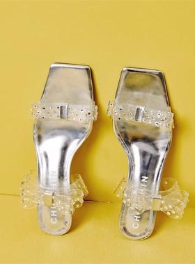 CHINCHIN官方原创设计师鞋履｜水晶漆皮pvc蝴蝶结钻饰凉拖