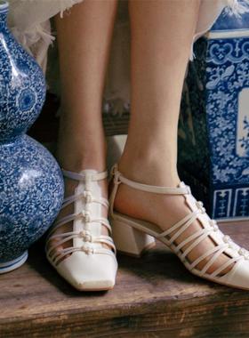 CHINCHIN官方原创设计师鞋履｜方头复古编织镂空凉鞋