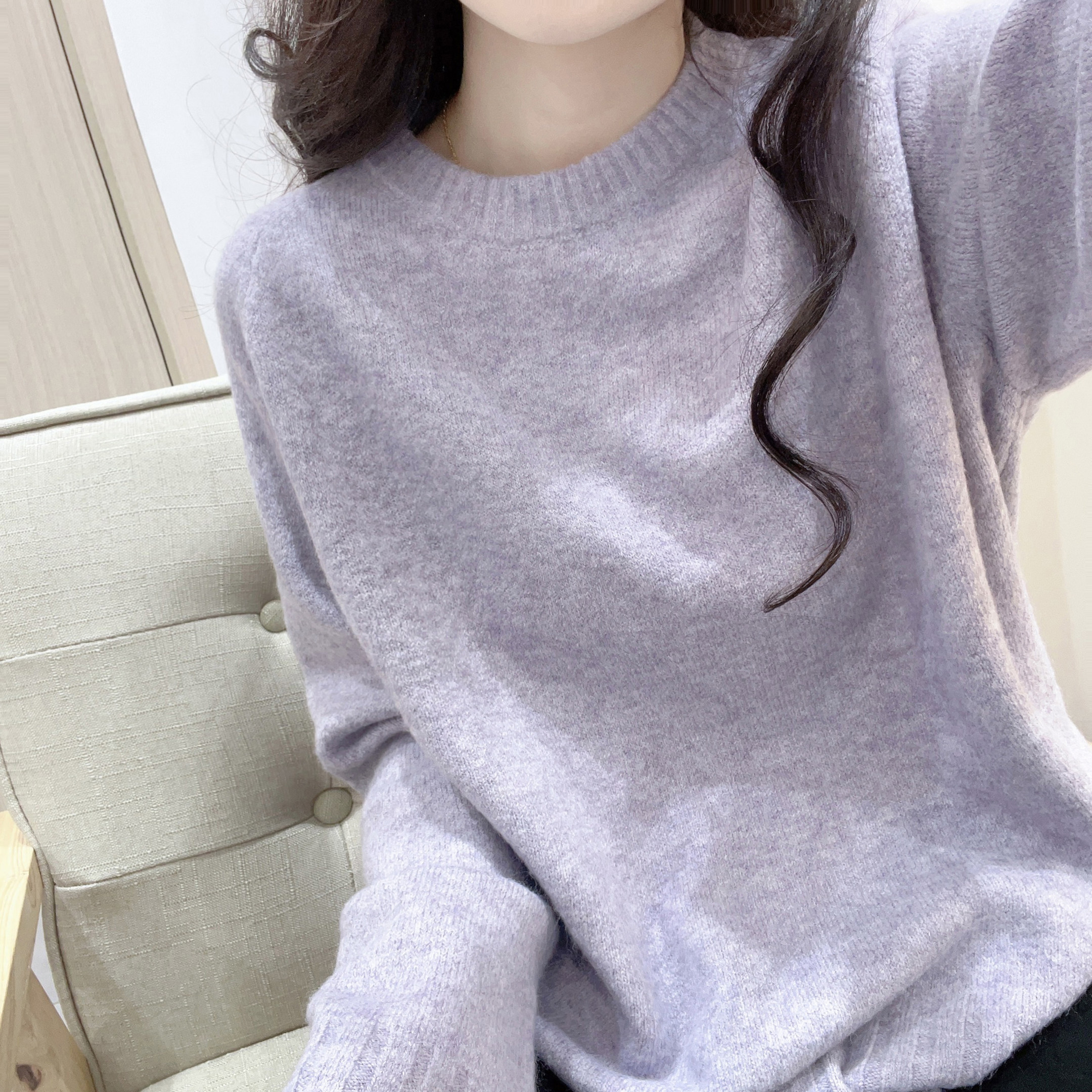 紫色软糯减龄毛衣女秋冬圆领宽松套头慵懒风韩系洋气百搭针织上衣