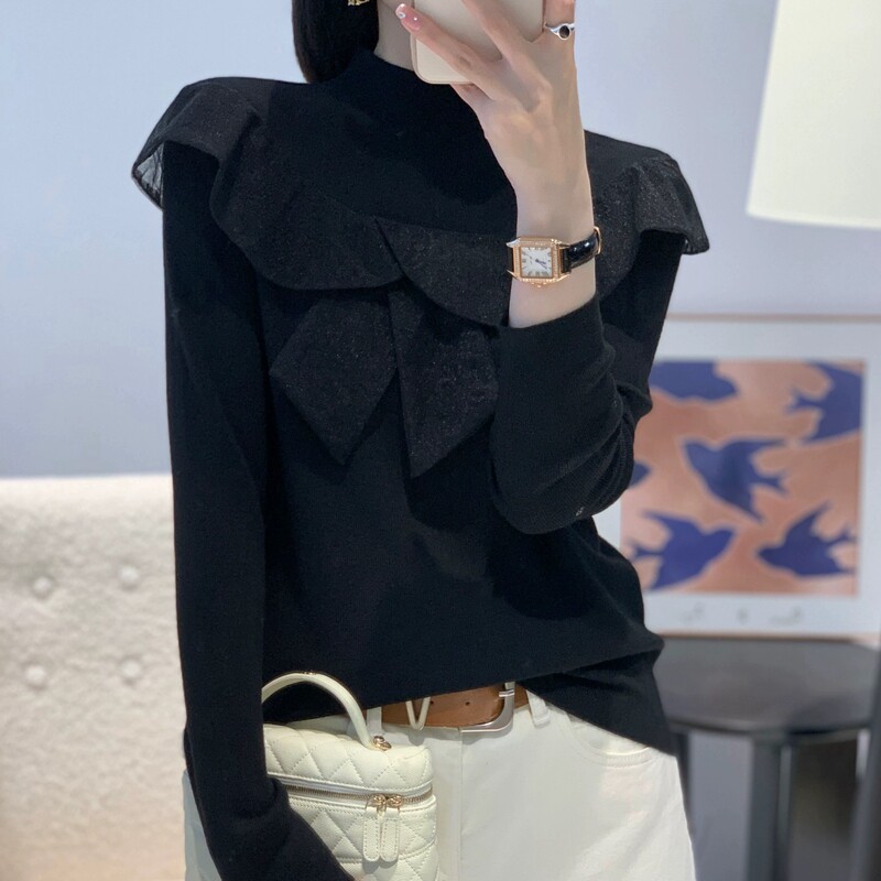 欧货2025秋冬款时尚设计感女人味蕾丝拼接蝴蝶结减龄羊毛针织上衣