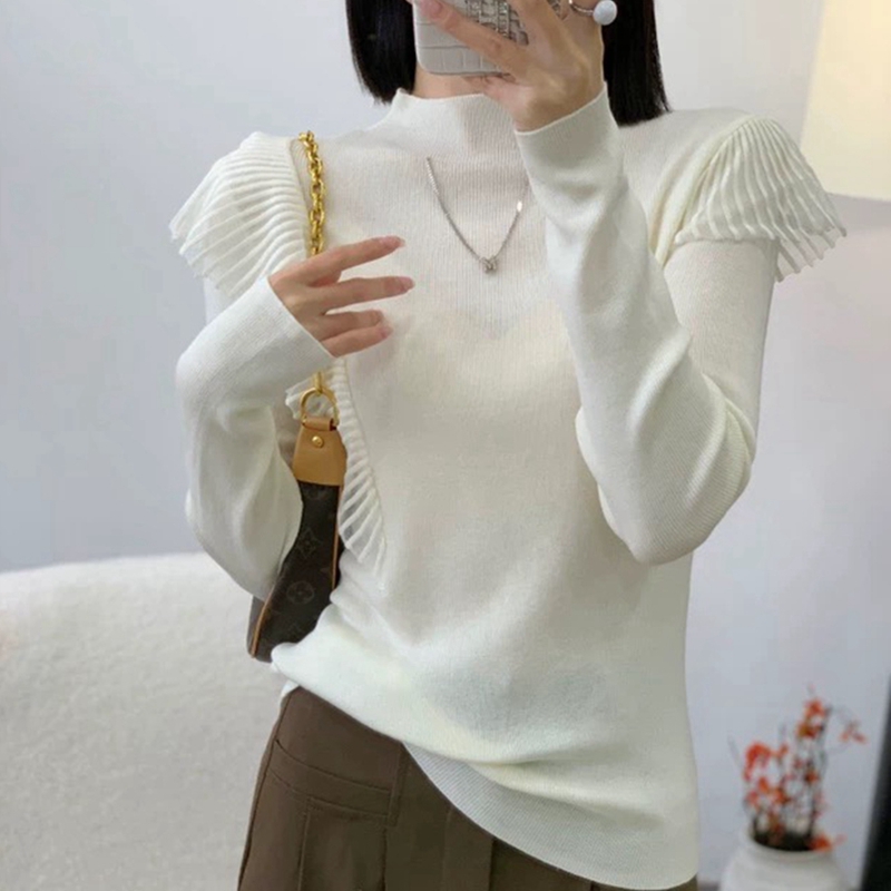 欧货秋冬新款链条半高领长袖蕾丝拼接荷叶边细羊毛针织衫上衣女装