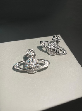 s925银针西太后土星满钻镶钻耳钉女耳环网红气质小众设计款耳饰女