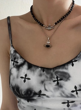 立体土星西太后玻璃黑色珍珠星球锁骨链项链女轻奢小众设计高级感