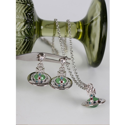 立体小众绿色耳环锁骨链西太后