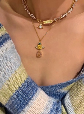 欧美小众高级感满钻土星吊坠钻水滴项链 闪亮奢华 气质高雅锁骨链