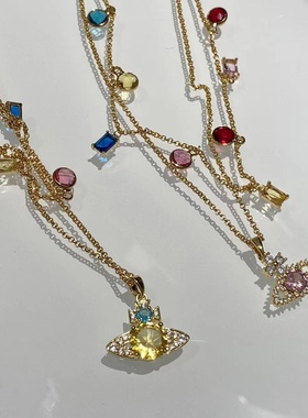 欧美彩色糖果色土星项链链锆石叠戴多层锁骨链星球粉色choker颈链