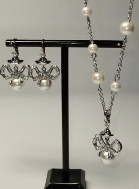 法式巴洛克宫廷风双层珍珠蝴蝶结项链高级感轻奢土星飞碟闪钻耳环