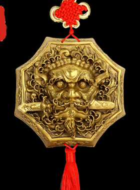 老神仙 纯铜狮咬剑牌挂件 大门窗口风水狮子 吞口兽头 睚眦瑞兽