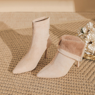 2025冬新款小码女鞋32 33高跟短靴细跟尖头加绒时装靴大码41-43码