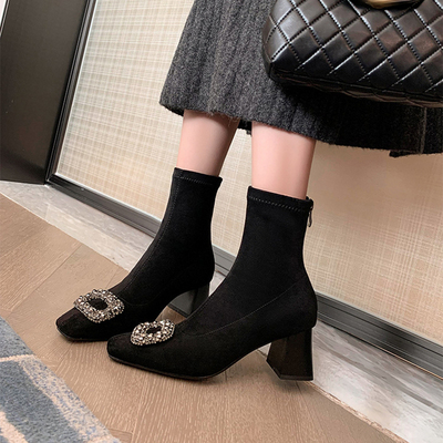 小码粗跟短靴30313233加绒瘦瘦靴