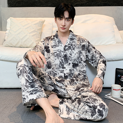 男士冰丝大码睡衣长袖家居服套装