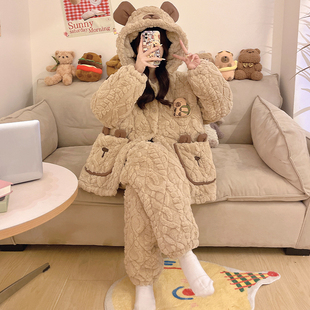 珊瑚绒三层夹棉睡衣女加厚加绒秋冬季加大码可外穿冬天家居服套装