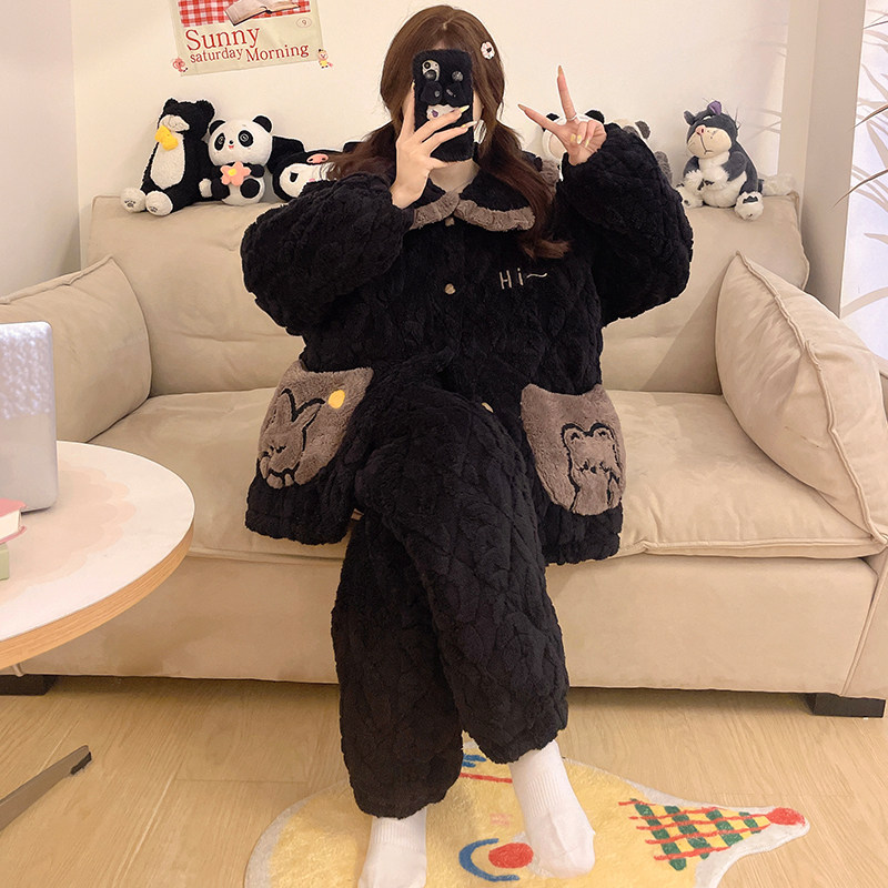 三层夹棉睡衣女加厚加绒冬季珊瑚绒卡通加肥加大码冬款家居服套装