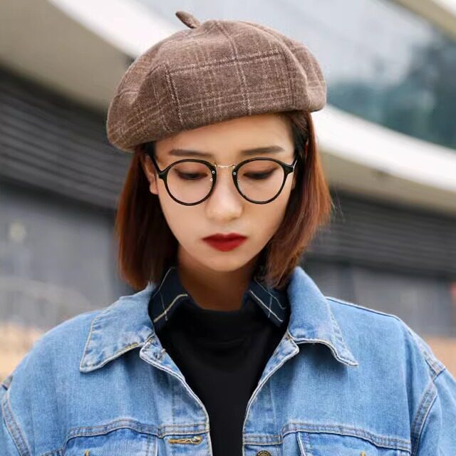 格子贝雷帽女韩版休闲百搭报童帽八角帽秋冬毛呢复古英伦画家帽子