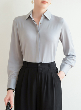 灰蓝色缎面衬衫女长袖春百搭暗门襟复古港风垂感通勤职业面试上衣