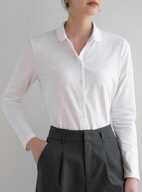 2025秋冬新款法式polo领舒适弹力纯棉白色长袖衬衫女打底衫上衣