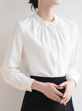 白色立领长袖衬衫女春秋2025新款设计感小众通勤职业教师气质衬衣