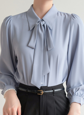 蓝色雪纺蝴蝶结衬衫女2026春夏新款职业内搭正装白色上衣面试衬衣