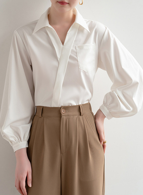 法式白色衬衫女长袖2025年春秋新款通勤设计感小众v领宽松上衣