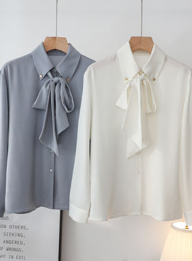 蝴蝶结系带缎面白色衬衫女长袖面试职业2025新款春装气质飘带衬衣