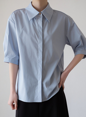 蓝色衬衫女职业装通勤面试26夏季女短袖设计感正肩高级感正装衬衣