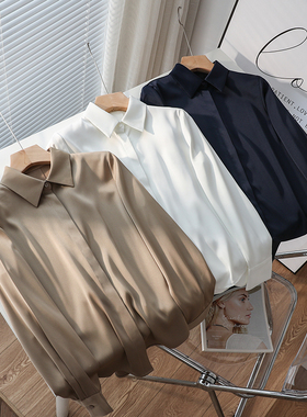 通勤法式仿醋酸缎面衬衫女高级感珠光职业上衣面试衬衣25春季新款