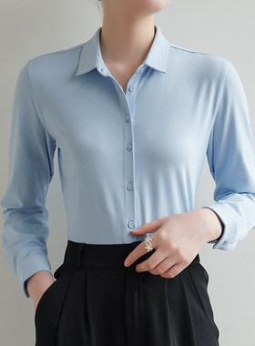 25春秋款polo领针织弹力舒适纯棉长袖蓝色衬衫女通勤职业面试上衣