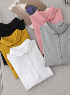 春秋舒适百搭打底上衣日系通勤弹力针织磨毛纯棉小圆领长袖衬衫女