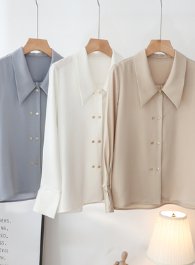 春装法式职业通勤缎面白色衬衫女面试设计感小众尖领金扣垂感上衣