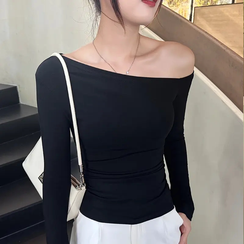 打底衫喇叭袖透气女士长袖女款小众T恤黑色修身显瘦内搭露肩T恤